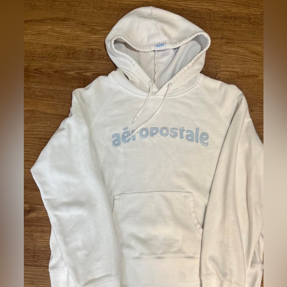 Vintage Aeropostale Hoodie White With Blue Lettering Y2K